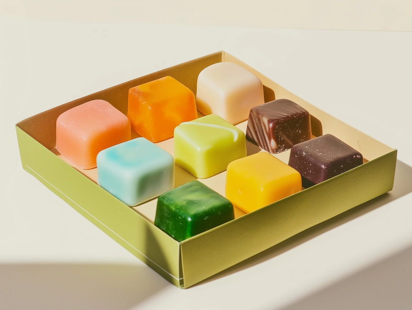 Assorted colorful square candies in a box on a light background