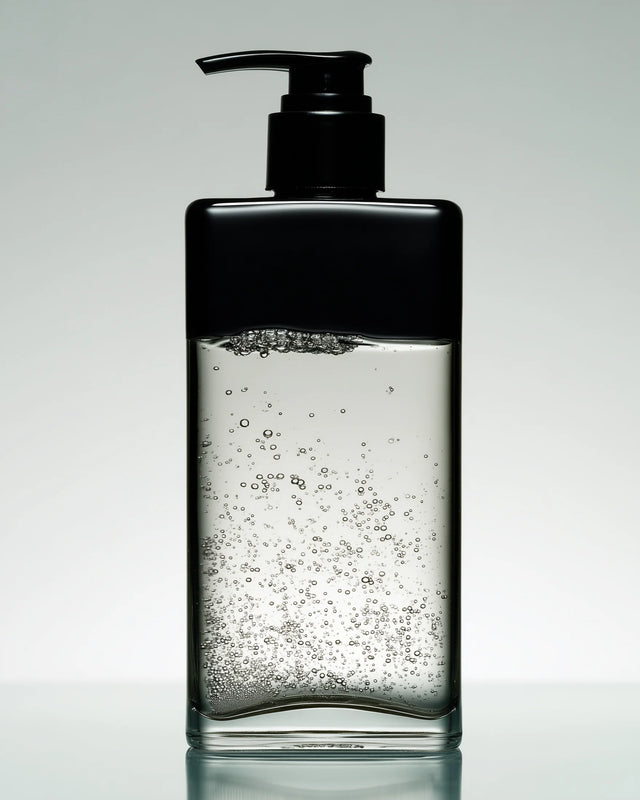 Black pump bottle with clear liquid on a gray background