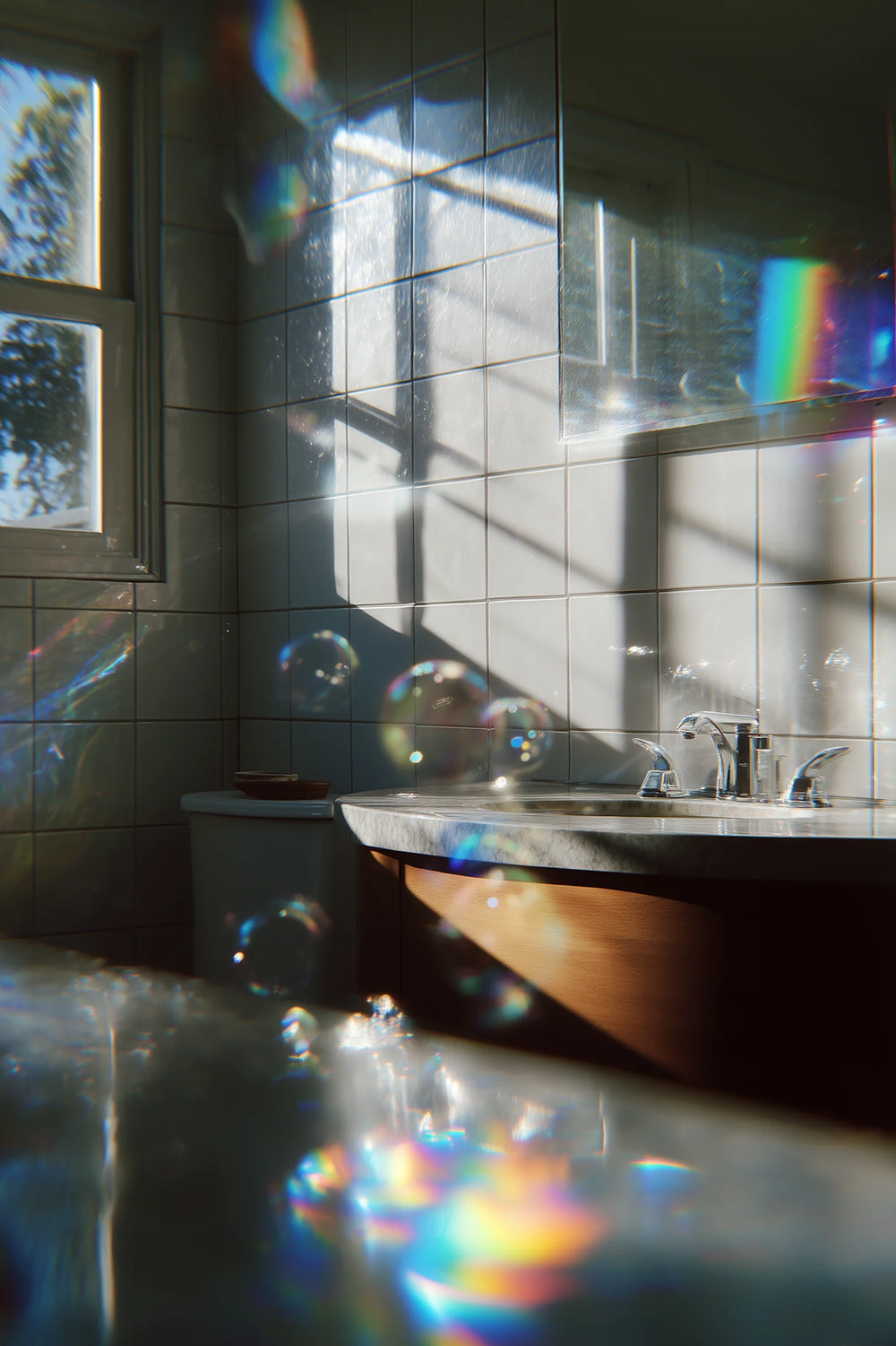 Bathroom with sunlight filtering through a window, creating colorful reflections on the tiles and sink.