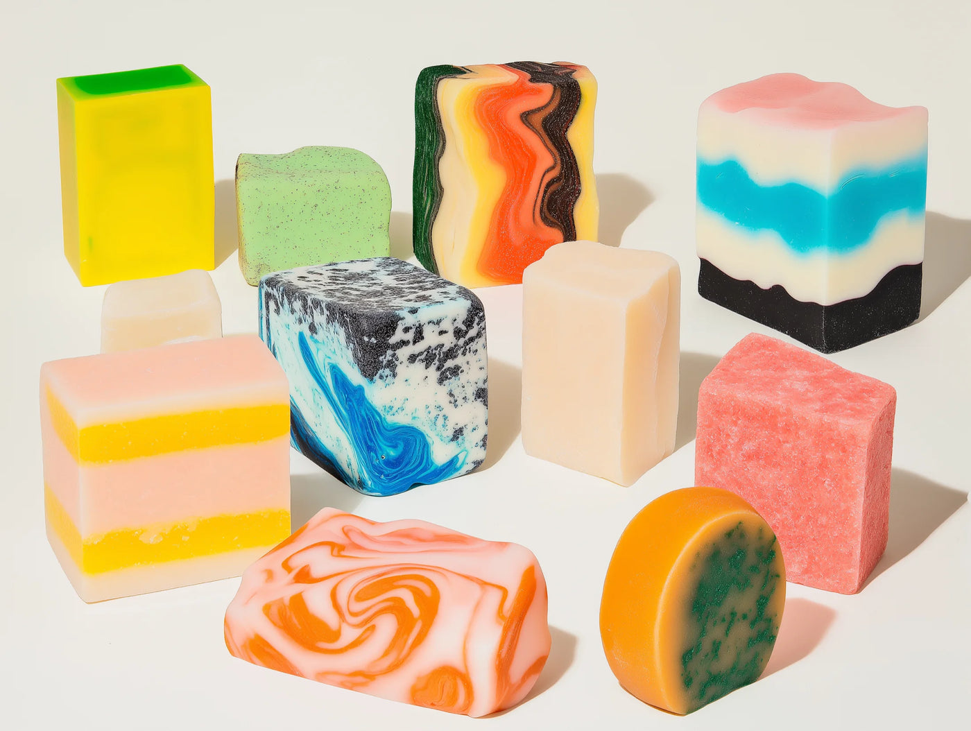 Assorted colorful soap bars on a light background