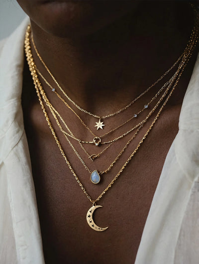 Close-up of a person wearing multiple gold necklaces with various pendants.