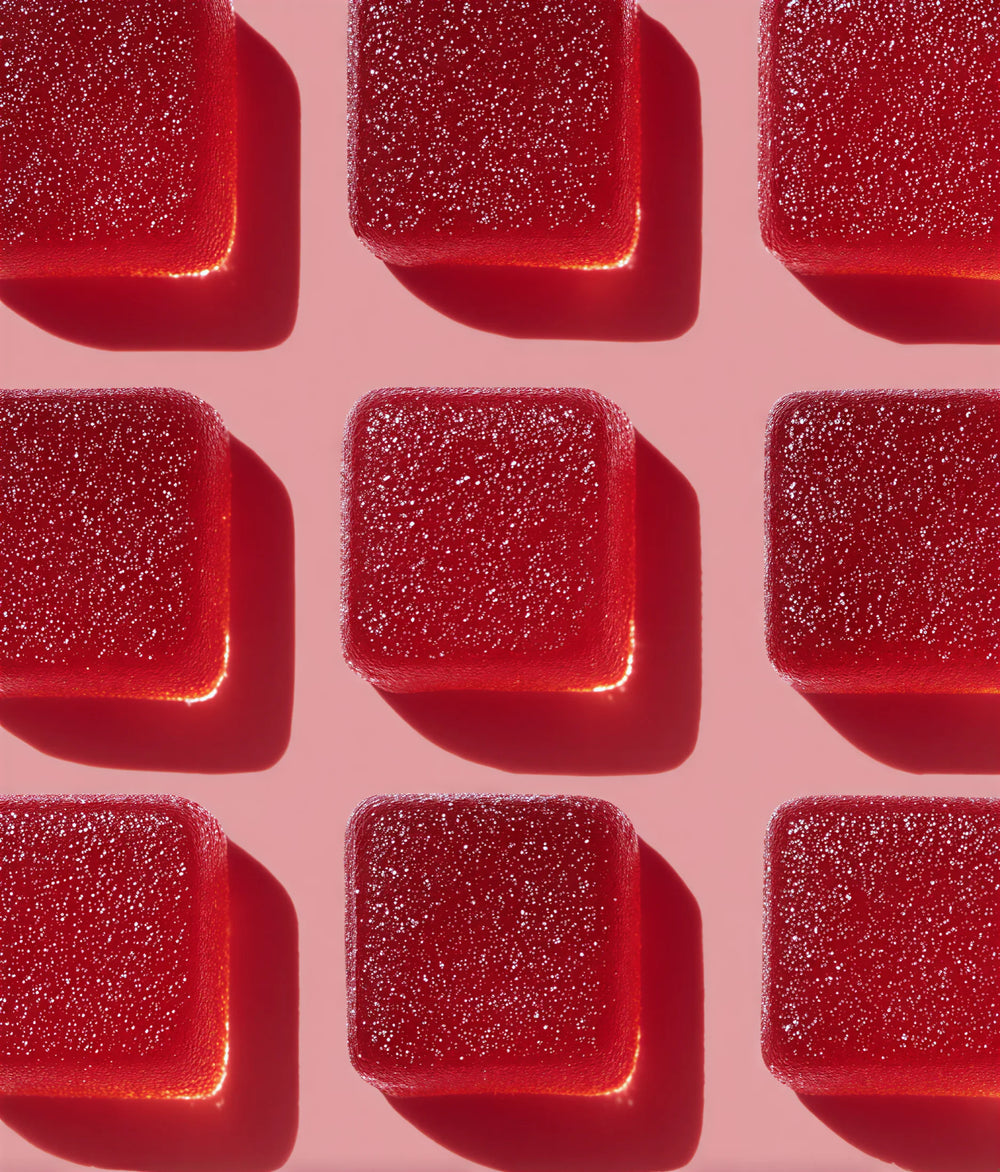 Red gelatin cubes on a pink background