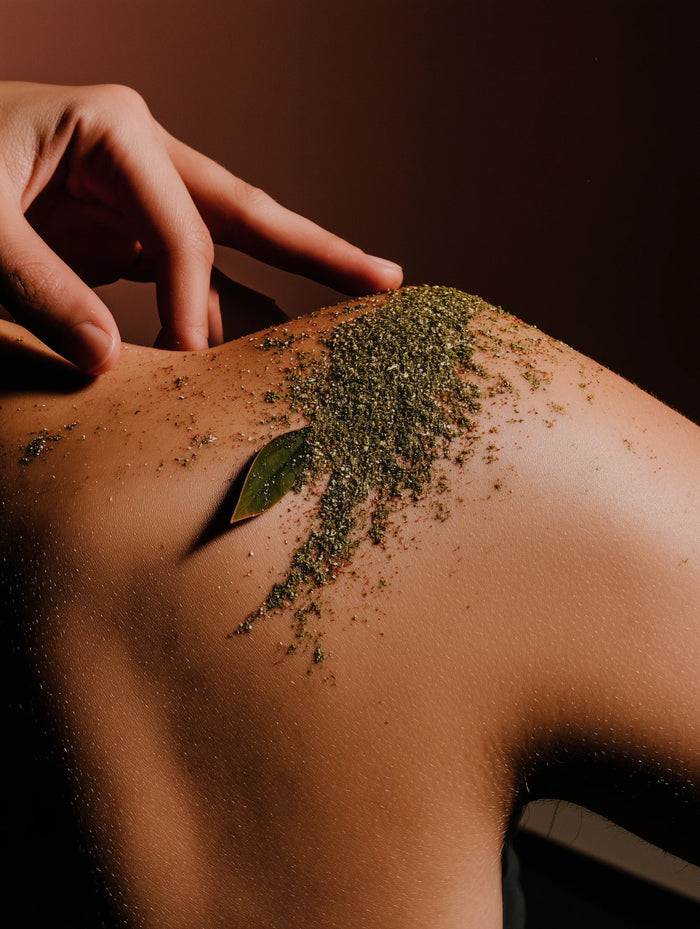 Person with matcha on shoulder and hand