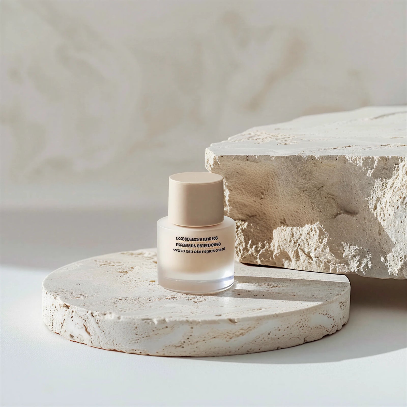 Skincare bottle on a stone surface with a neutral background