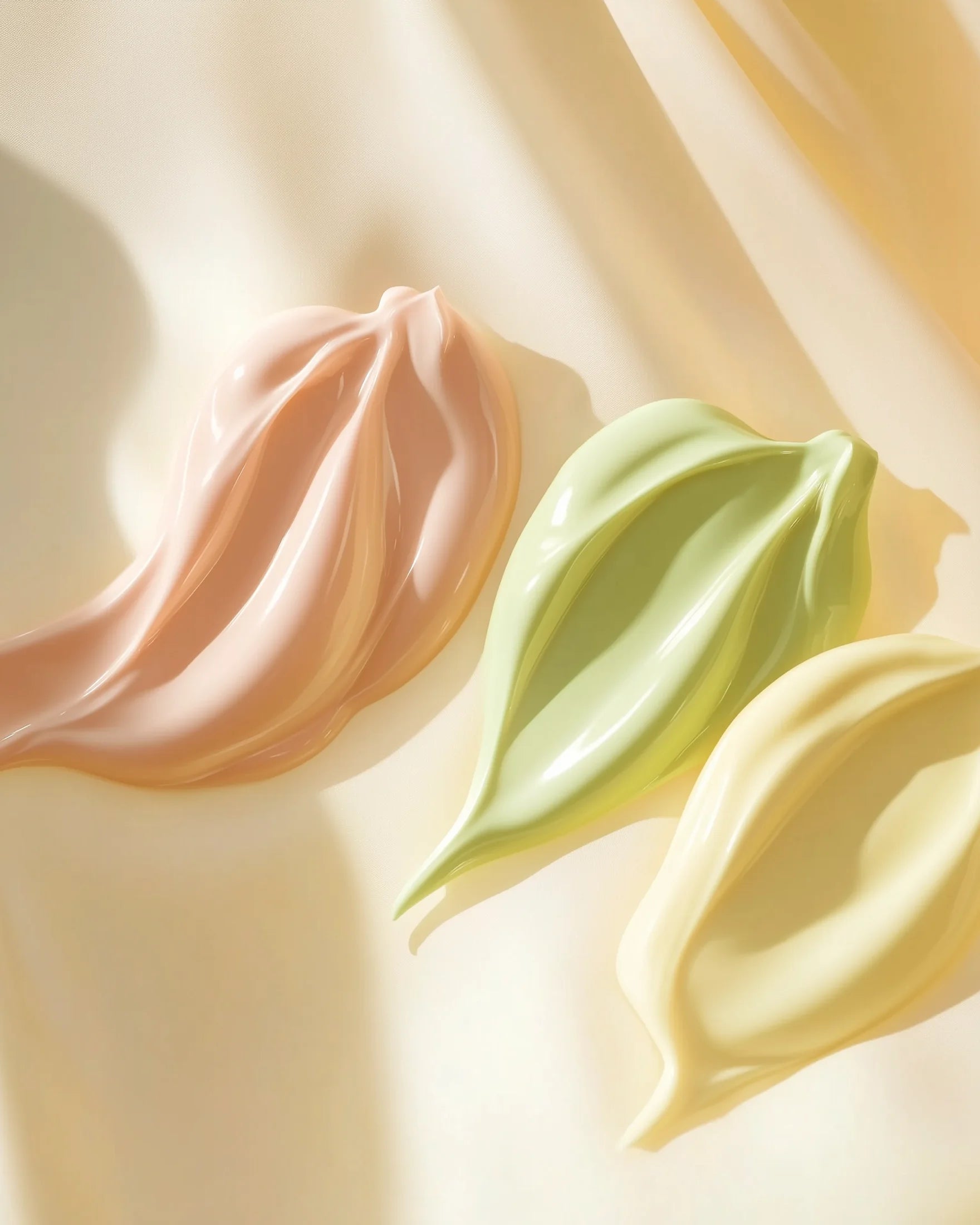 Three swashes of pink, green, and yellow icing on a light beige background